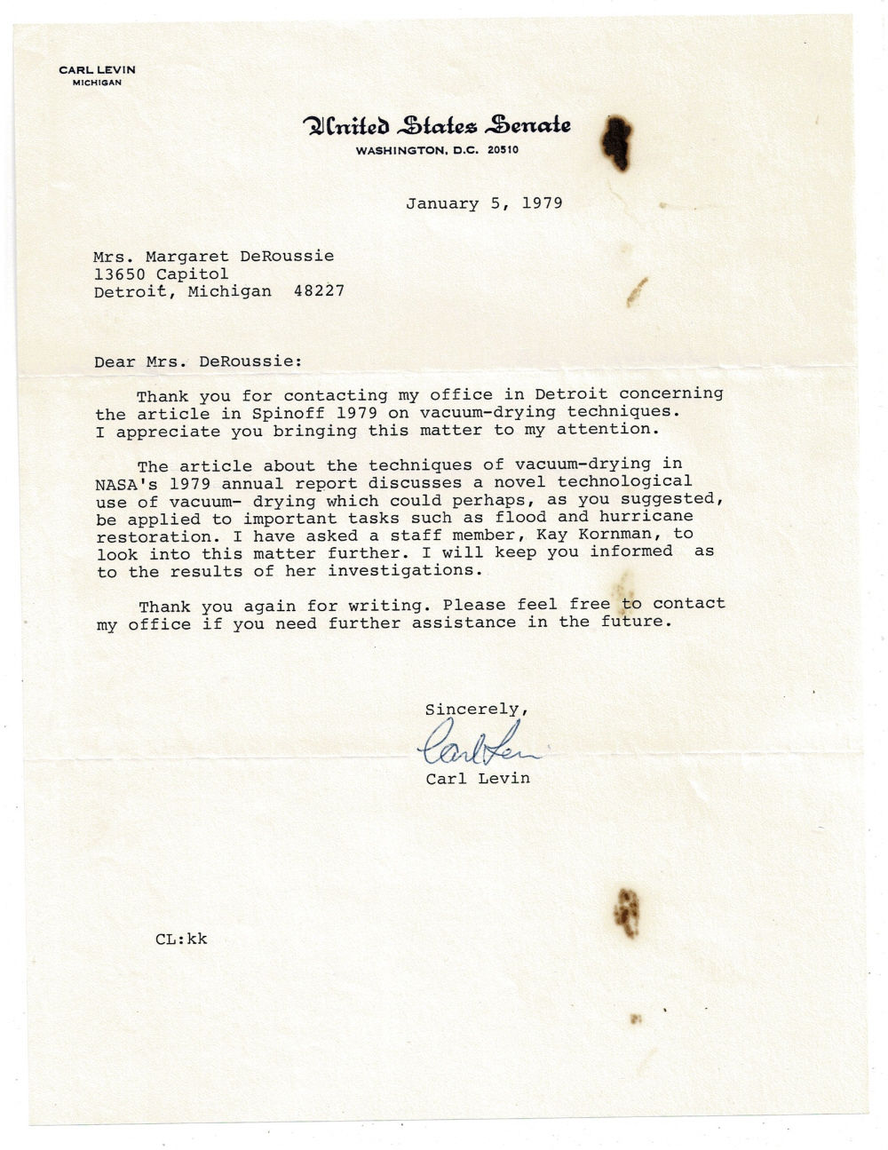 Image for TYPED LETTER SIGNED by the U.S. Senator from Michigan CARL LEVIN, regarding use of NASA's vacuum-drying application for flood & hurricane relief. TYPED LETTER SIGNED by the U.S. Senator from Michigan CARL LEVIN, regarding use of NASA's vacuum-drying application for flood & hurricane relief.