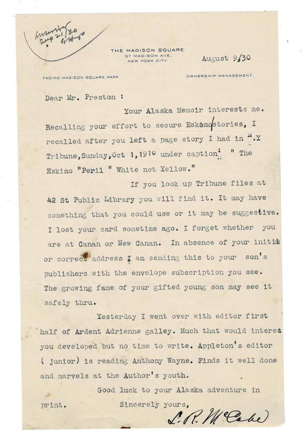 Image for TYPED LETTER SIGNED by the author & journalist LIDA ROSE McCABE, the first woman reporter who traveled to the Klondike, to GEORGE HYDE PRESTON, the father of John Hyde Preston and author of stories set in Alaska. TYPED LETTER SIGNED by the author & journalist LIDA ROSE McCABE, the first woman reporter who traveled to the Klondike, to GEORGE HYDE PRESTON, the father of John Hyde Preston and author of stories set in Alaska.