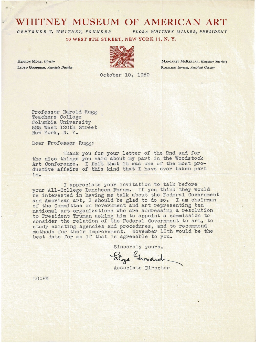 Image for TYPED LETTER SIGNED by the American art historian LLOYD GOODRICH to the progressive educator Harold Rugg. TYPED LETTER SIGNED by the American art historian LLOYD GOODRICH to the progressive educator Harold Rugg.