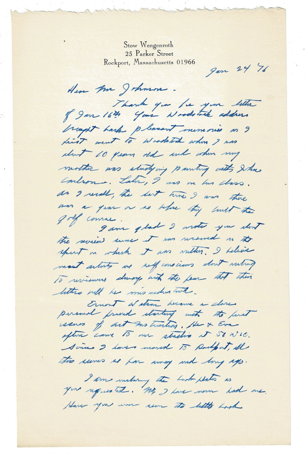 Image for AUTOGRAPH LETTER SIGNED by American artist and lithographer STOW WENGENROTH to Fridolf Johnson mentioning the artists Ernest & Eva Watson and John Carson, the founder of the School of Landscape Painting in Woodstock. AUTOGRAPH LETTER SIGNED by American artist and lithographer STOW WENGENROTH to Fridolf Johnson mentioning the artists Ernest & Eva Watson and John Carson, the founder of the School of Landscape Painting in Woodstock.