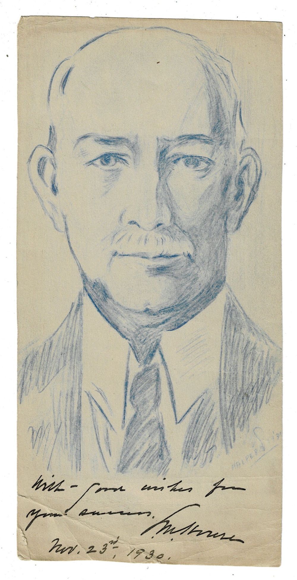 Image for ORIGINAL GRAPHITE PORTRAIT of the American diplomat & adviser to President Woodrow Wilson, EDWARD M. HOUSE, drawn & SIGNED by the future Congressman SEYMOUR HALPERN, and INSCRIBED & SIGNED by HOUSE. ORIGINAL GRAPHITE PORTRAIT of the American diplomat & adviser to President Woodrow Wilson, EDWARD M. HOUSE, drawn & SIGNED by the future Congressman SEYMOUR HALPERN, and INSCRIBED & SIGNED by HOUSE.