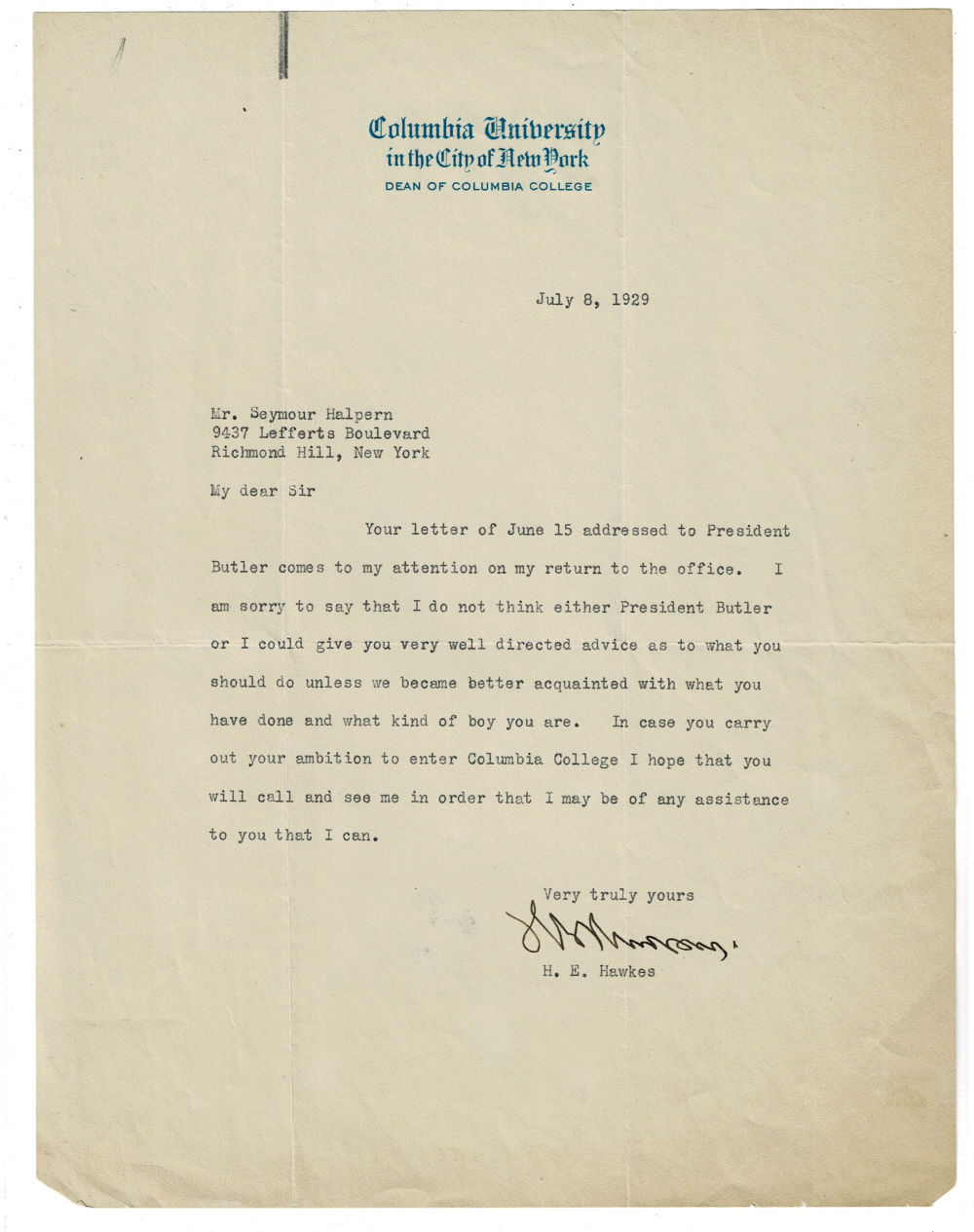 Image for TYPED LETTER SIGNED by the Dean of Columbia College HERBERT HAWKES. TYPED LETTER SIGNED by the Dean of Columbia College HERBERT HAWKES.