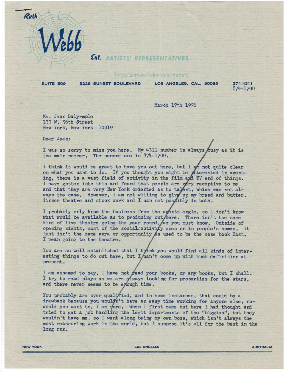 A 2-PAGE TYPED LETTER SIGNED by the Hollywood Talent Agent RUTH WEBB to New York City Center Producer JEAN DALRYMPLE with great content about producing theater in Los Angeles.